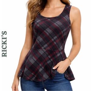 Ricki’s Plaid Peplum Tank Top Lace-Up Back Size Large